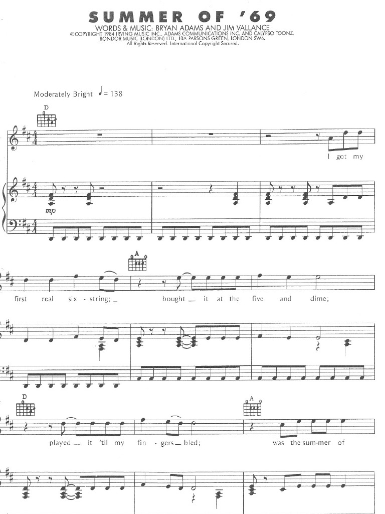 Summer of '69 Piano Music PDF