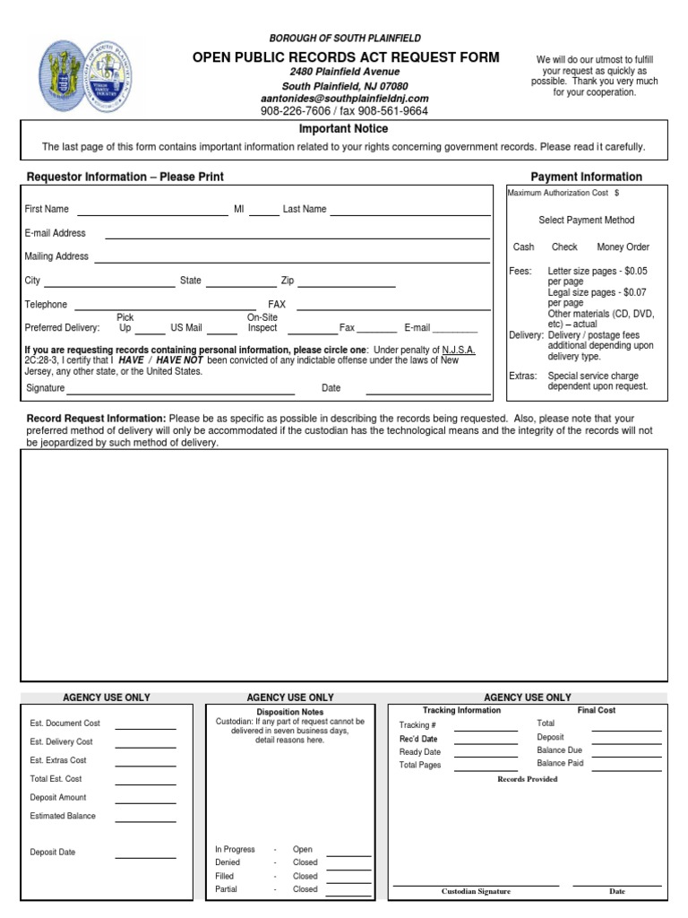 South Plainfield OPRA Request Form PDF United States Postal Service