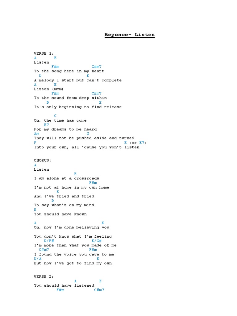 Beyonce - Listen Piano Chords | PDF | Language Arts & Discipline | Poetry