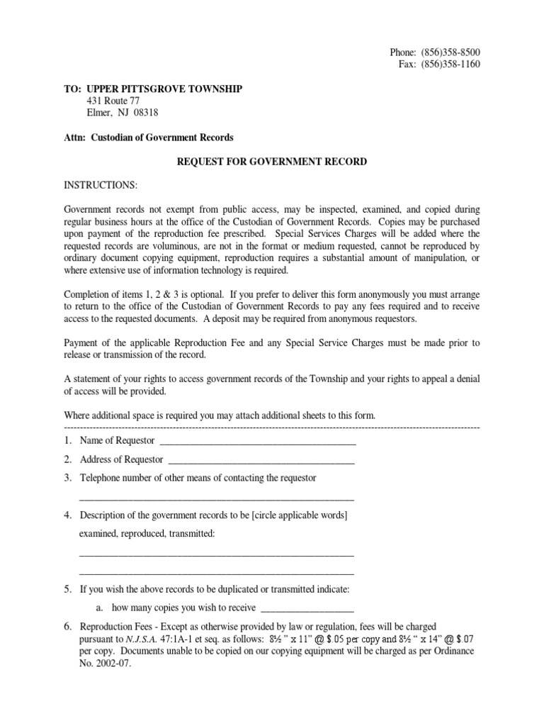 Upper Pittsgrove OPRA Request Form | PDF | Fee | Fax