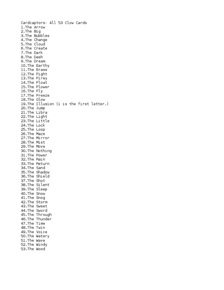 Complete List of Clow Cards | PDF | Leisure | Nature