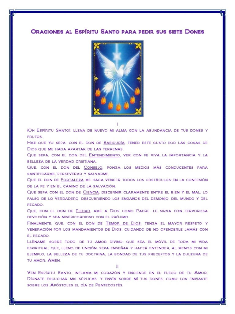 Oraciones Al Espiritu Santo para Pedir Sus 7 Dones | PDF | Religión y ...
