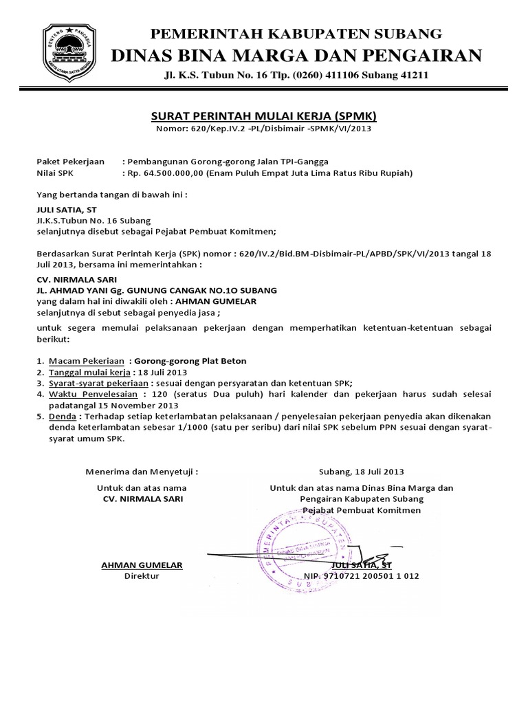 Surat Perintah Mulai Kerja Proyek | PDF | Pengelolaan Keuangan & Uang