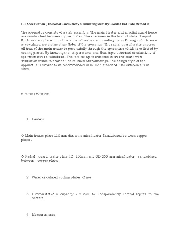 Full Specification (Theramal Conductivity of Insulating Slabs by