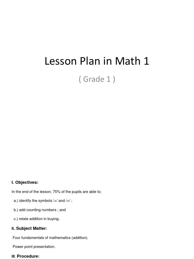 Lesson Plan in Math 1: (Grade 1) | PDF