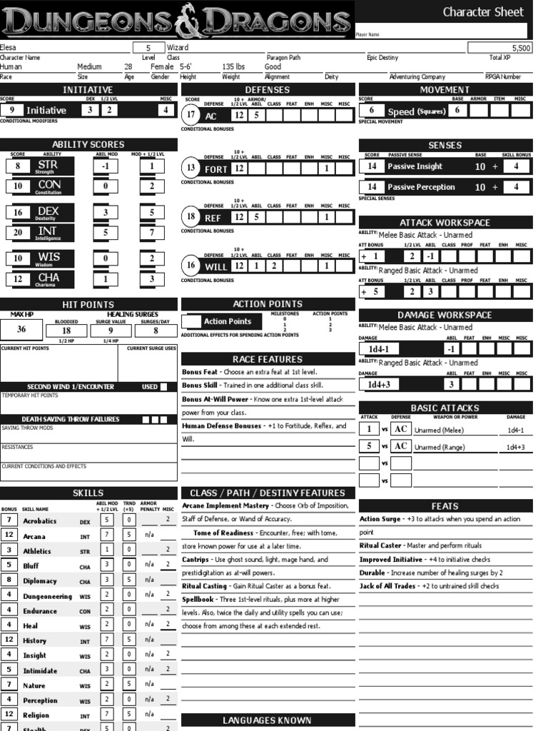D&amp;D 4E Character Sheet | Dungeons &amp; Dragons | Role Playing Games | Free ...