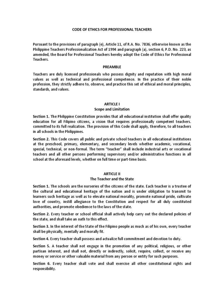 Philippine Teachers' Code of Ethics | PDF | Profession | Teachers