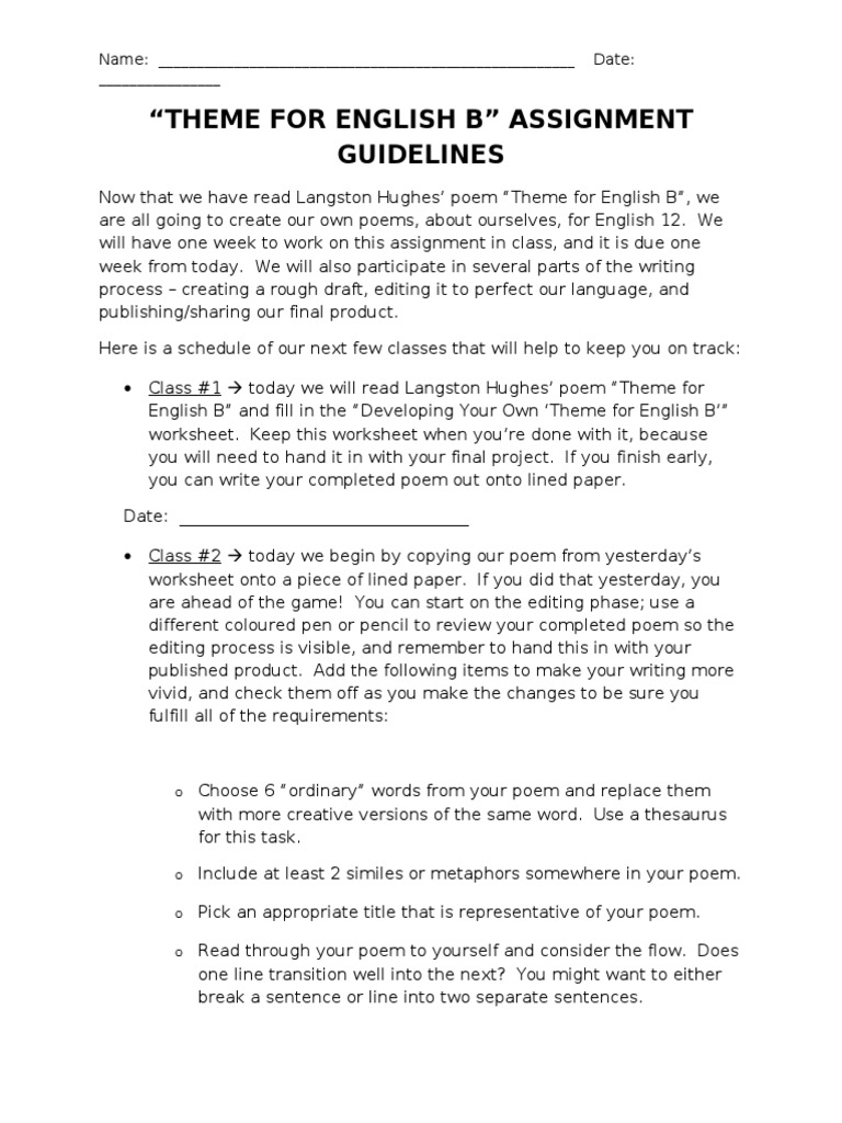English 11 - Theme For English B Assignment Guidelines  Rubric
