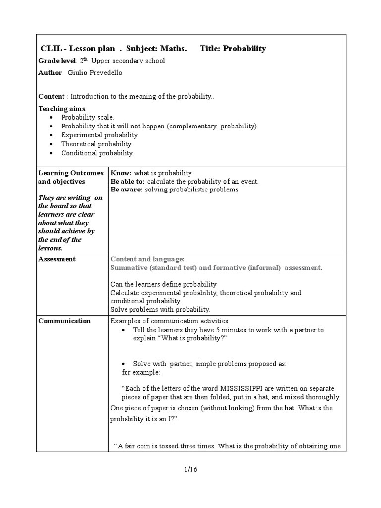 CLIL Lesson Plan: Probability Concepts | PDF | Probability Theory ...