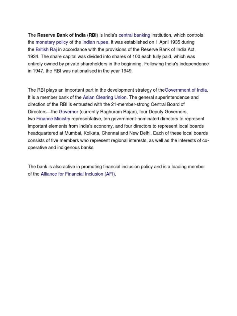 RBI's Role in India's Economy | PDF | Finance & Money Management | Politics