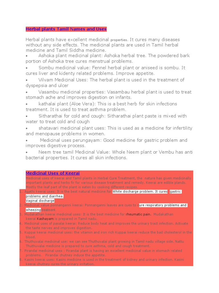 Herbal Plants Tamil Names and Uses PDF Stomach Cough