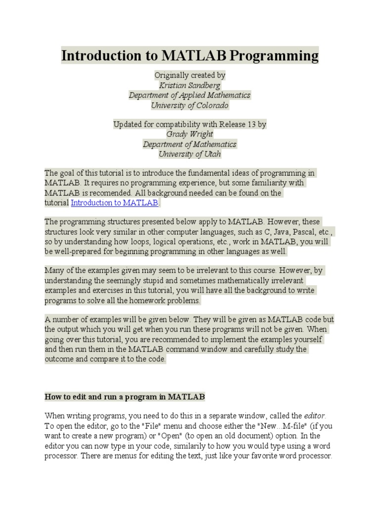 Introduction To MATLAB Programming | PDF | Summation | Matlab