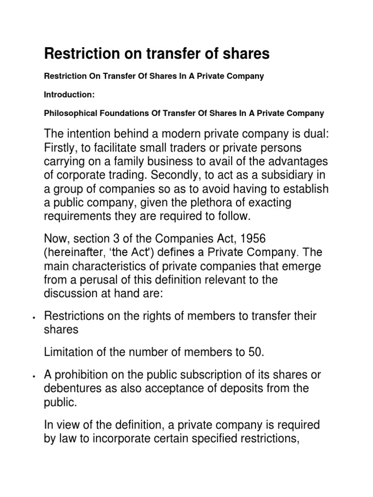 Restriction on Transfer of Shares | Board Of Directors | Privately Held ...