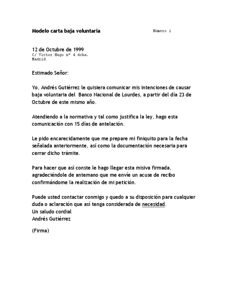 Modelo Carta Baja Voluntaria