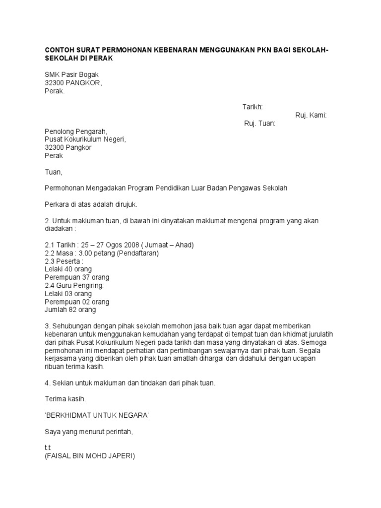 Contoh Surat Permohonan Kebenaran Menggunakan Pkn Bagi Sekolah Pdf