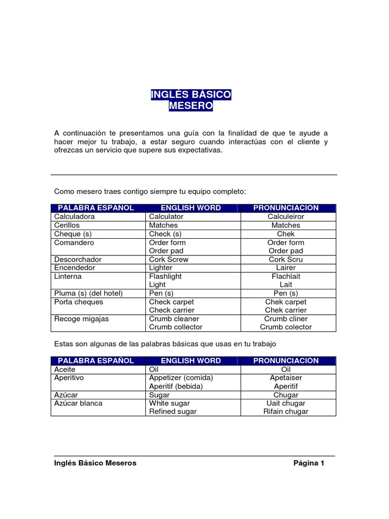 Ingles Basico Rstauracion Alimentos