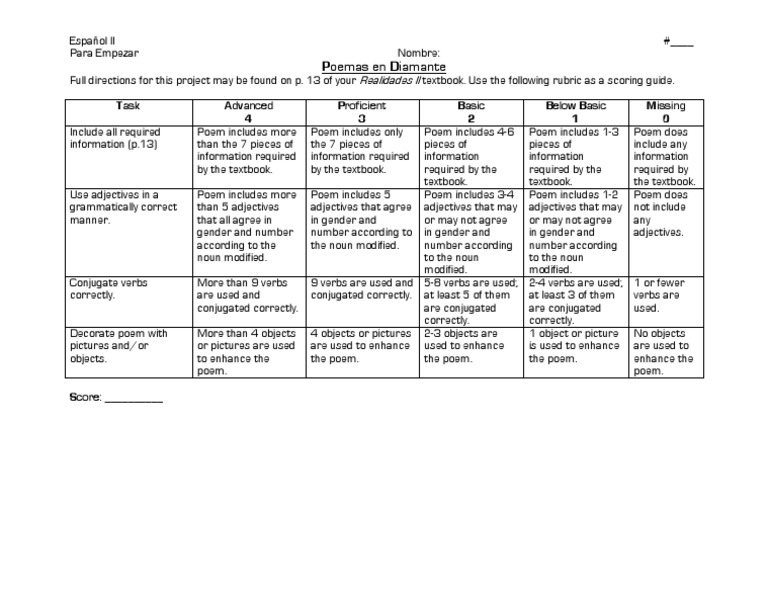 Spanish Poem Project Rubric | PDF | Language Arts & Discipline