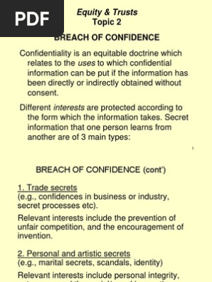 Topic 2 Breach Of Confidence 2 1 Pdf Damages Confidentiality