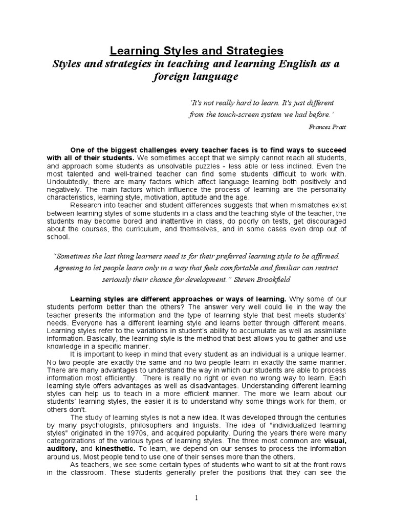 Teaching Strategies for Learning Styles | PDF | Learning Styles | Learning