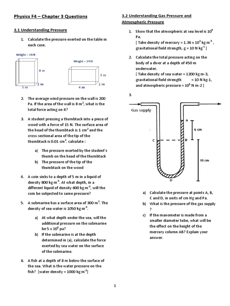 Chapter 3 Questions Pressure And Forces 2 Pdf Buoyancy Pressure