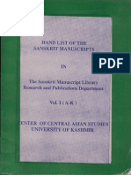 Hand List of the Sanskrit Manuscripts in the Sanskrit Manuscript Library Vol I - Univ. of Kashmir