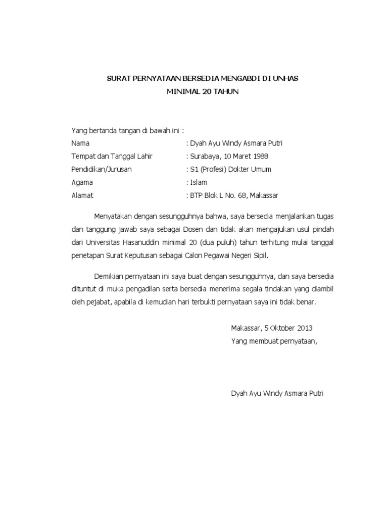 Surat Pernyataan Bersedia Mengabdi