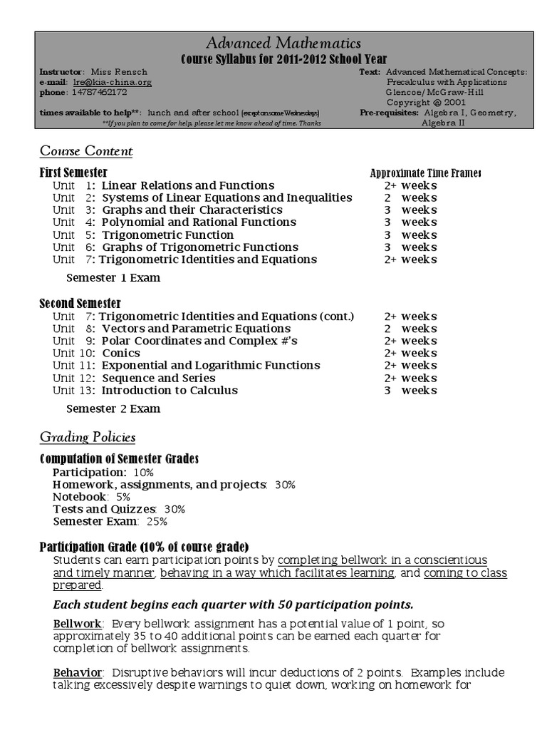 Advanced Math Syllabus 11 12 Test (Assessment) Advanced Placement