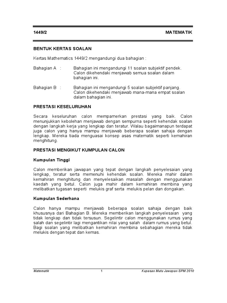 Matematik K2 Spm 2010 Kupasan Mutu Jawapan Calon Pdf