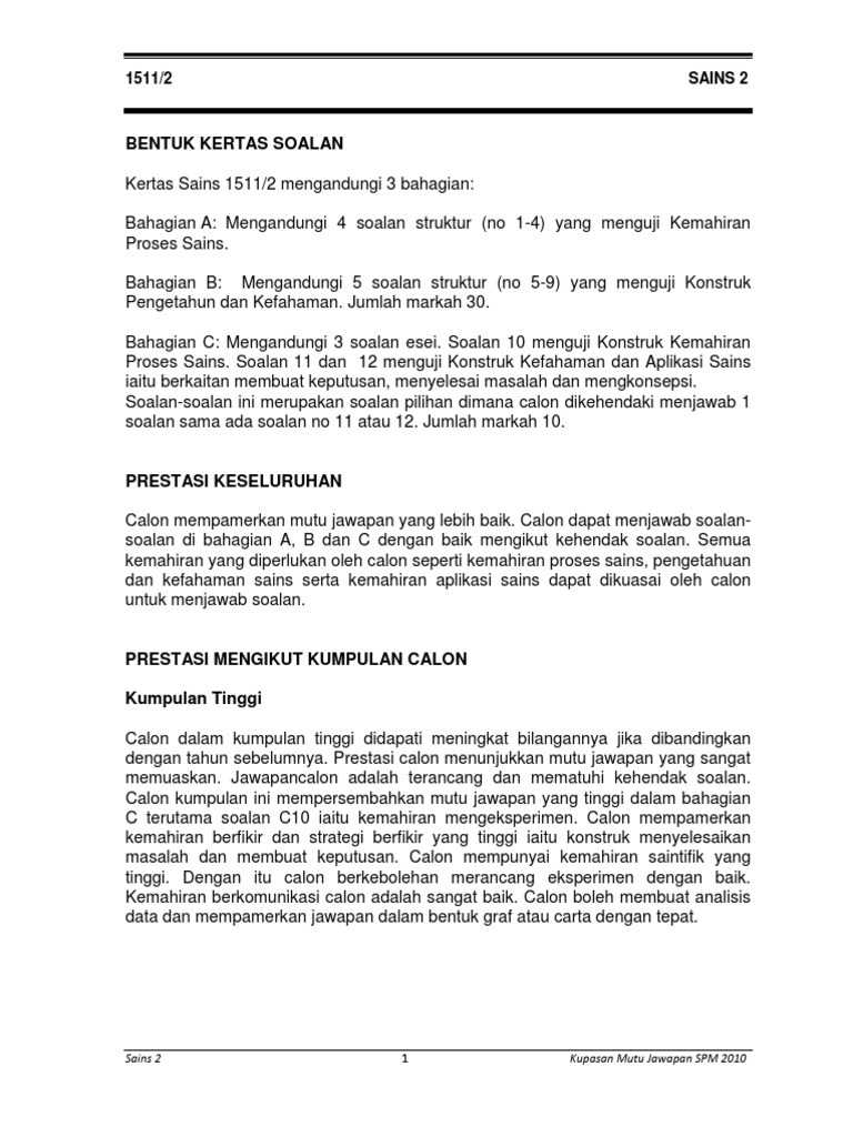 Sains K2 Spm 2010 Kupasan Mutu Jawapan Calon Pdf