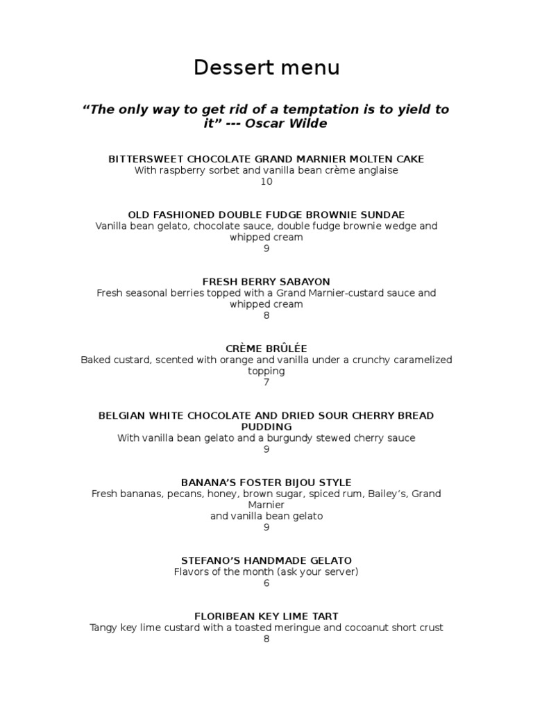 Bijou Café Dessert Menu Highlights | PDF