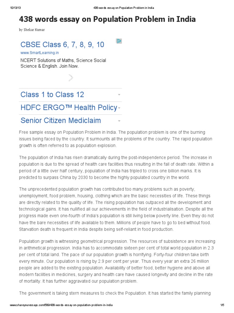 essay on problem of population in india