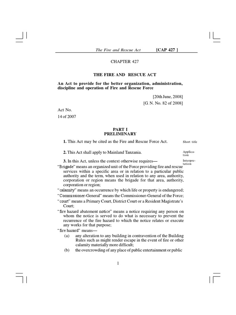 Tanzania Fire and Rescue Force Act 2007 | PDF | Firefighter | Fire Safety
