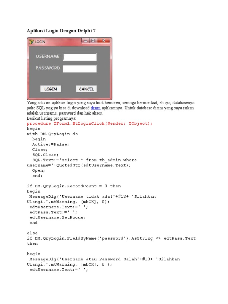 Aplikasi Login Dengan Delphi 7 | PDF