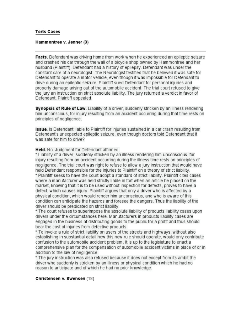 Torts Cases Briefs | PDF | Negligence | Standard Of Care