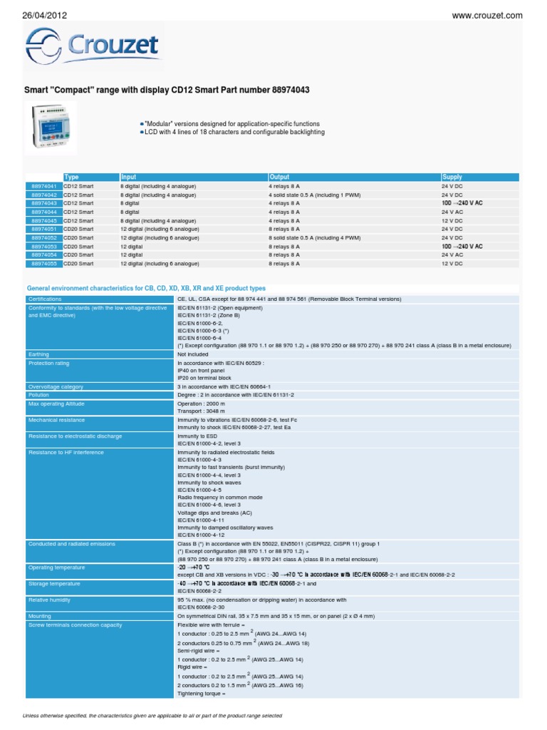 Crouzet CD12/CD20 Smart Controllers | PDF | Relay | Power Supply