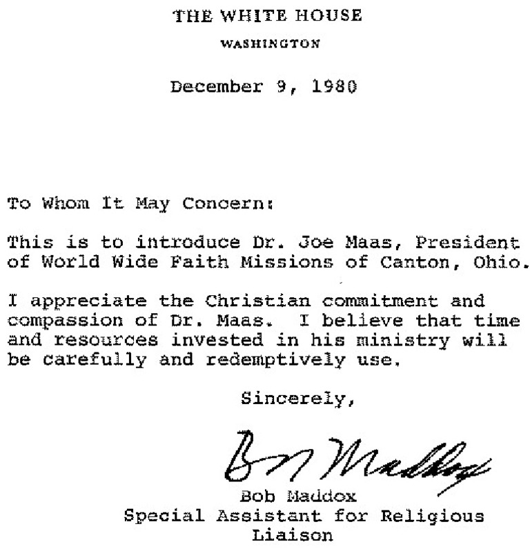 Worldwide Faith Missions White House Letter | PDF