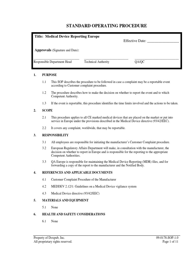 Sample SoP for Vigilance System | Medical Device | Government
