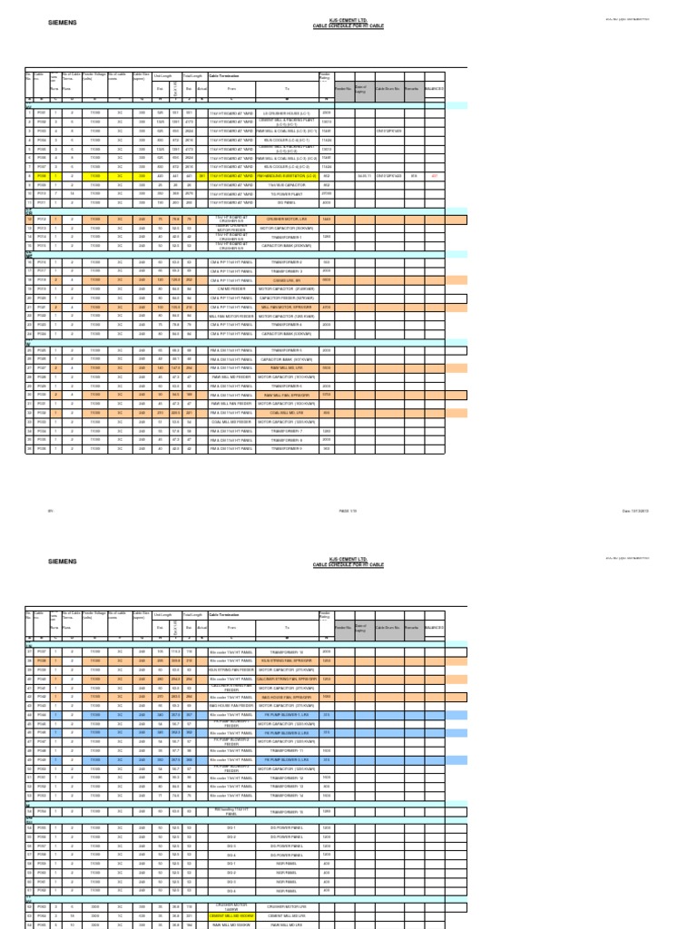 HT CABLE SCHEDULE With Actual Load Ds Voltage Electrical Impedance
