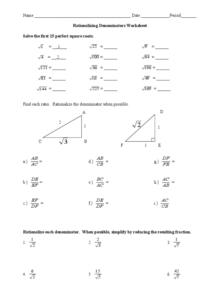 Rationalizing Denominators In Rationalizing The Denominator Worksheet