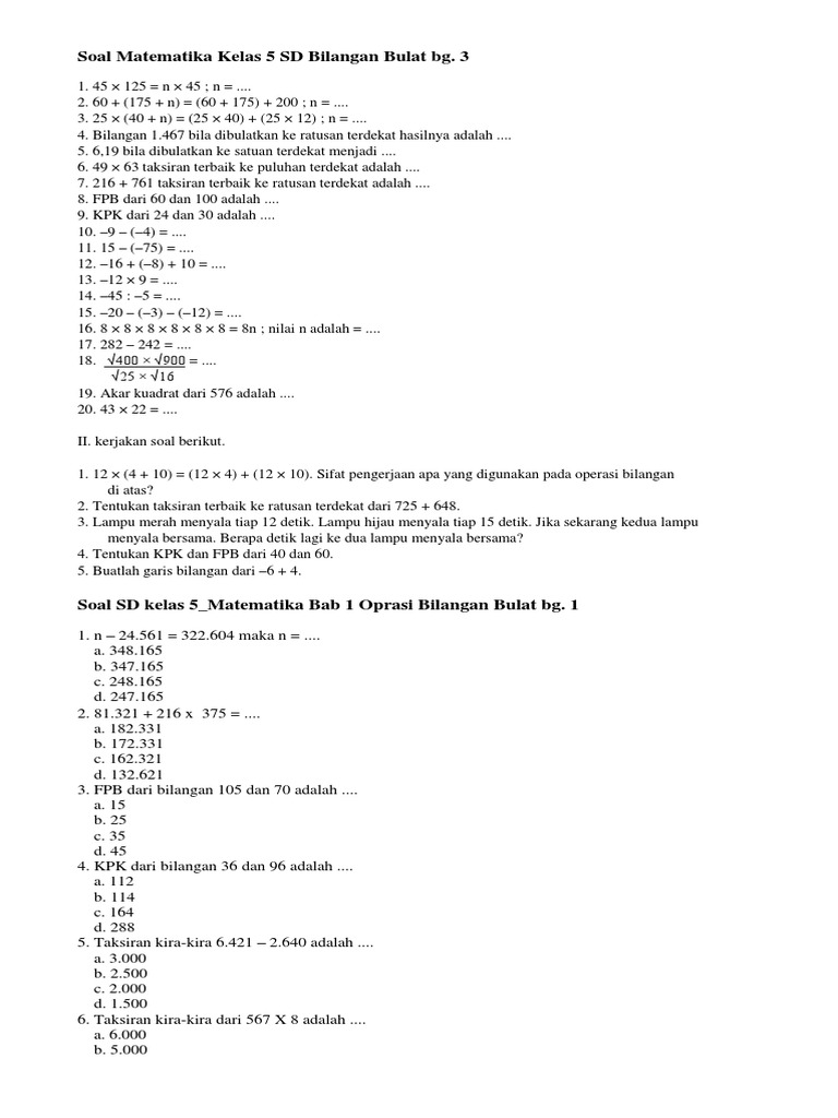 Soal Matematika Kelas 5 Sd Bilangan Bulat Bg