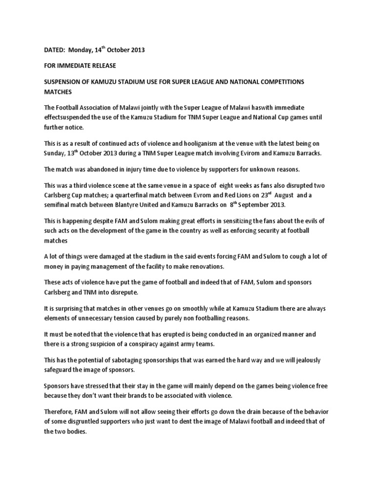 Press Release PDF Association Football Violence