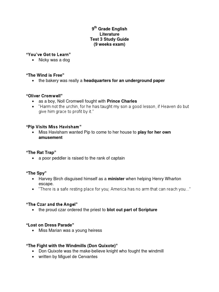 9th Grade Test 3 Study Guide