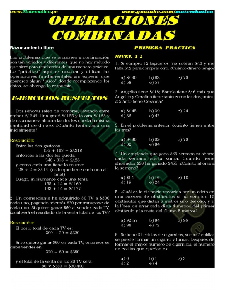 Operaciones Combinadas Ejercicios Resueltos-Cuarto de Secundaria PDF ...