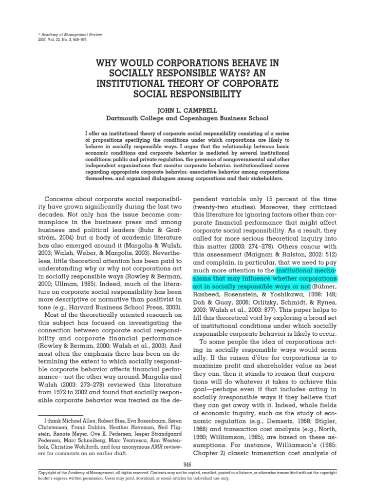 An Institutional Theory of CSR | PDF | Corporate Social Responsibility ...