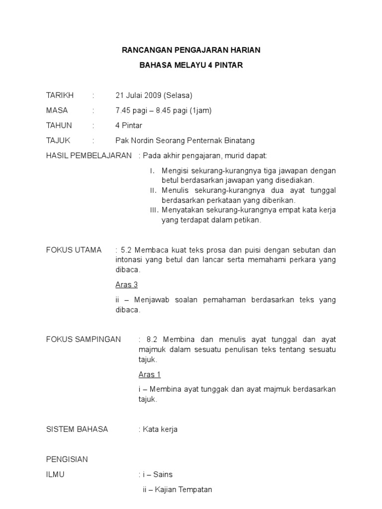 Rancangan Pengajaran Harian Bahasa Melayu Tahun 4 Pdf