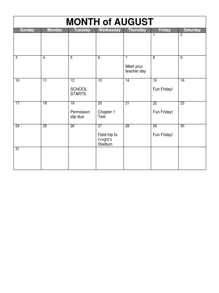 August School Calendar Events | PDF