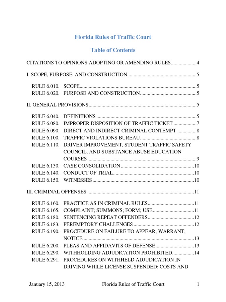 Florida Rules of Traffic Court PDF Summons Traffic Ticket