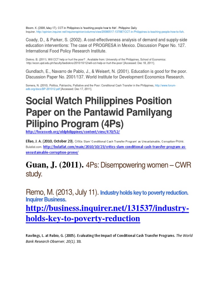 Social Watch Philippines Position Paper On The Pantawid Pamilyang ...