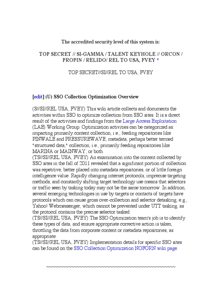 NSA Intellipedia: SSO Collection Optimization Overview | PDF