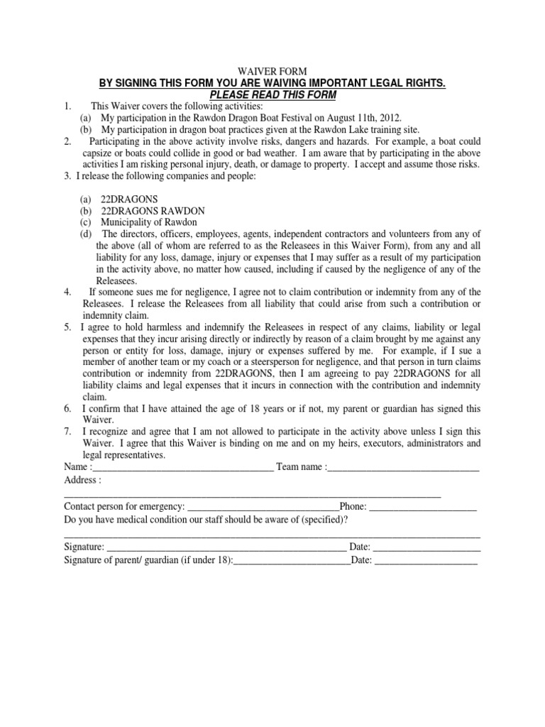 Waiver Form | Waiver | Indemnity
